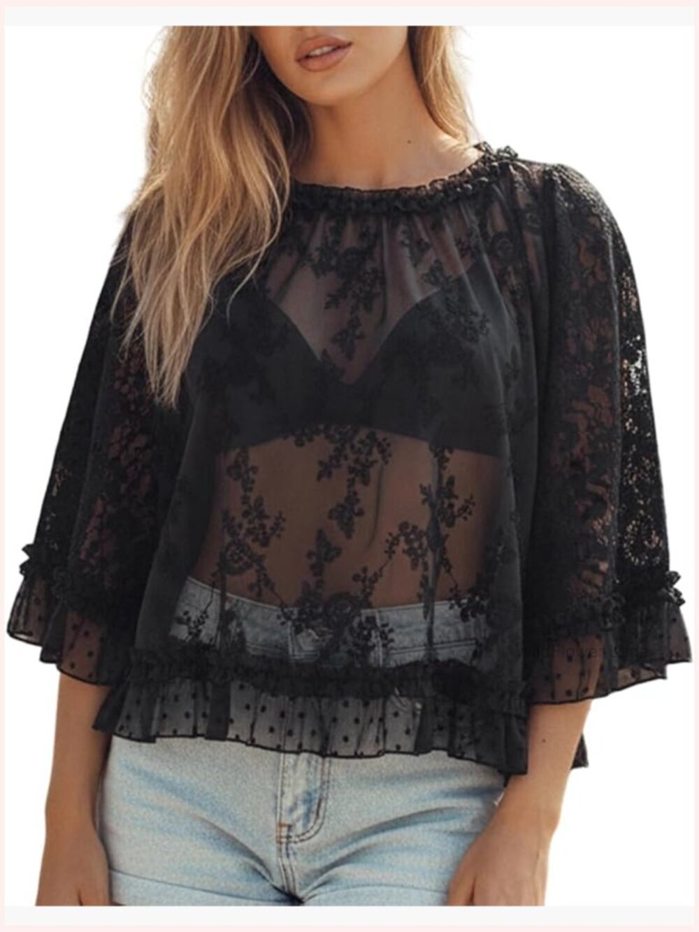 Boho Lace Poncho Top Sheer Blouse Long Sleeve Ruffle Hem Going Out